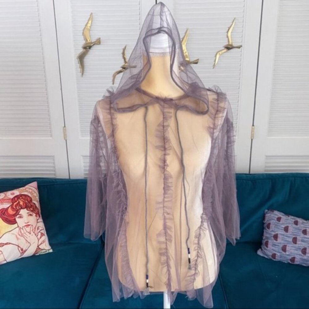 POL | Festival 3/4 Wide Sleeve Sheer Mesh Top Ruffle Hood Tassel Lavender Small - Picture 5 of 15